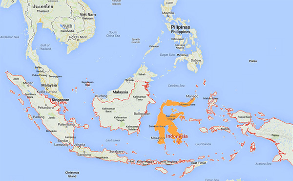 L'indonésie est entourée de rouge, l'ile de Sulawesi est en orange.